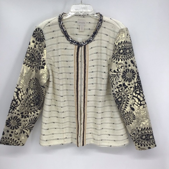 Chico’s Versailles Sleeve Pattern Metallic Wool Blend Jacket Career Creme Size 2 - Picture 2 of 10